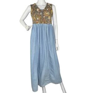 Vtg 90s Denim Tapestry Maxi Dress Lace Up Celestial Moon Star Print Size 8